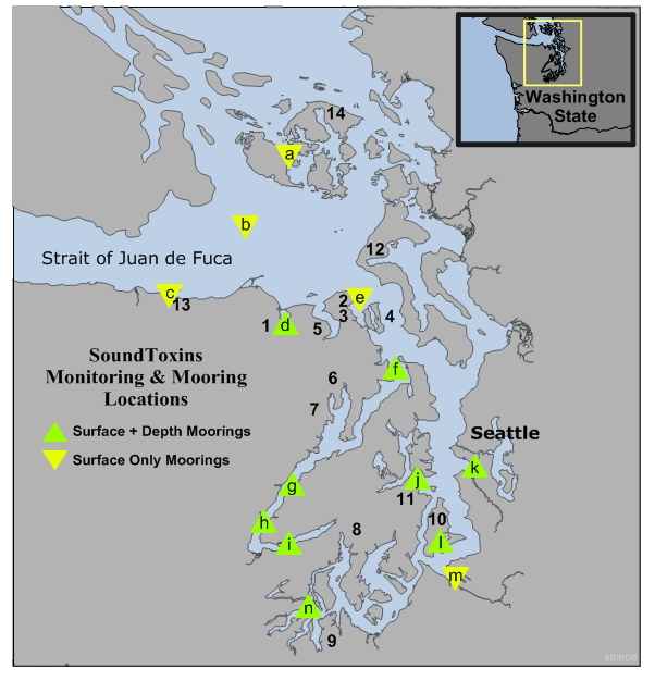 Map of Puget Sound, Washington, showing SoundToxins monitoring and mooring locations.